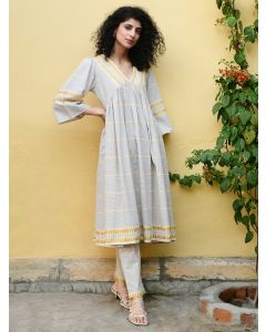 White Hand Block Printed Cotton Kurta with Pants - Set of 2