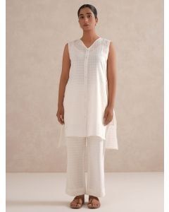 White Checkered Cotton Tunic with Slip and Pants- Set of 2