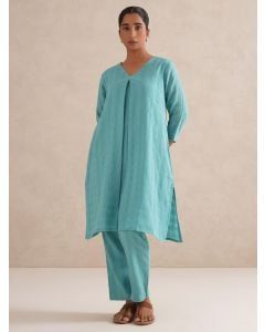 Turquoise Checkered Cotton Kurta with Pants- Set of 2