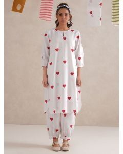 White Hand Block Printed Cotton Kurta with Salwar- Set of 2