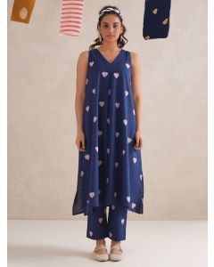Blue Hand Block Printed Cotton Kurta with Pants- Set of 2