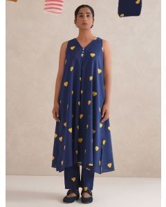 Blue Hand Block Printed Cotton Kurta with Pants- Set of 2