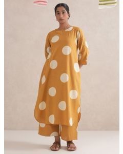 Beige Hand Block Printed Cotton Kurta with Pants- Set of 2