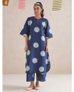 Blue Hand Block Printed Cotton Kurta with Pants- Set of 2