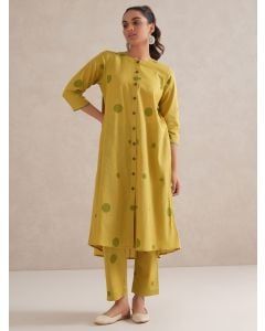 Lime Green Hand Block Printed Cotton Kurta with Pants- Set of 2