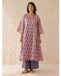 Pink Printed Cotton Kurta and Pants- Set of 2