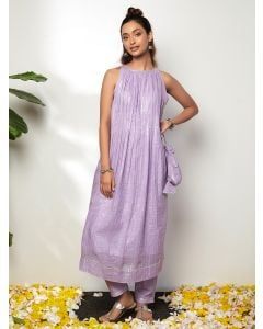 Lavender Cotton Lurex Kurta with Potli and Pants- Set of 3