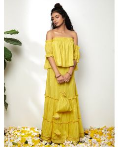 Yellow Cotton Lurex Off Shoulder Top with Potli and Skirt- Set of 3