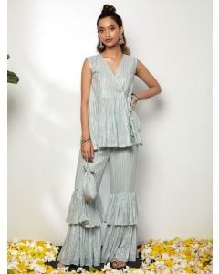 Blue Cotton Lurex Top with Potli and Sharara- Set of 3