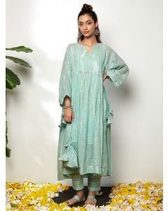 Mint Green Cotton Lurex Kurta with Potli and Pants- Set of 3