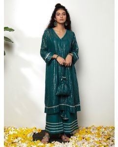 Dark Green Cotton Lurex Kurta with Potli and Pants- Set of 3