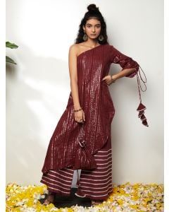 Maroon Cotton Lurex Kurta with Potli and Palazzo- Set of 3