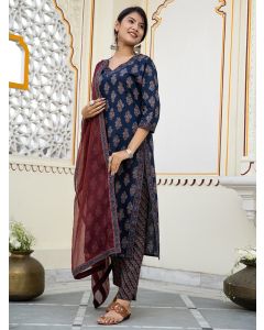 Navy Blue Hand Block Printed Cotton Suit with Maroon Kota Doria Dupatta- Set of 3