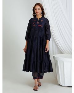 Black Hand Embroidered Chanderi Kurta with Palazzo- Set of 2