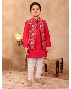 Maroon Cotton Kurta with Jacket and Pajama - Set of 3