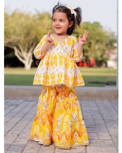White Yellow Printed Cotton Kurta with Sharara - Set of 2
