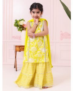 Lime Green White Printed Cotton Sharara Suit - Set of 3