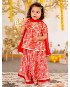 Peach Printed Muslin Lehenga Set - Set of 3