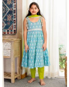 Sky Blue Printed Cotton Suit - Set of 3