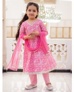 Pink Printed Cotton Suit - Set of 3