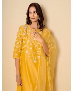 Yellow Embroidered Chanderi Suit- Set of 3