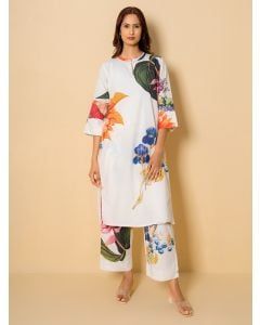 White Printed Cotton Kurta with Pants- Set of 2