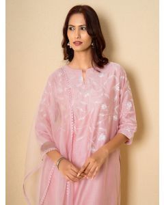 Pink Embroidered Chanderi Suit- Set of 3