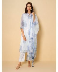 White Blue Hand Block Printed Kota Doria Suit- Set of 3