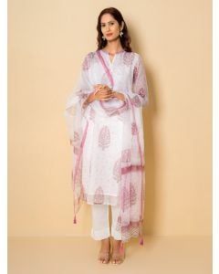 White Pink Hand Block Printed Kota Doria Suit- Set of 3