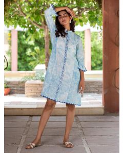 Blue Tie and Dye Cotton Embroidered Shirt Dress