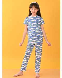 Blue Printed Cotton Blend Nightwear- Set of 2