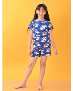 Blue Printed Cotton Blend Nightwear- Set of 2