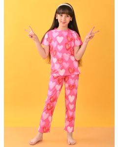 Pink Printed Cotton Blend Nightwear- Set of 2