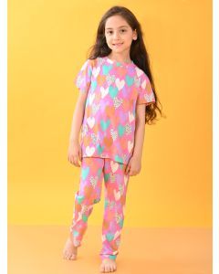 Pink Printed Cotton Blend Nightwear- Set of 2