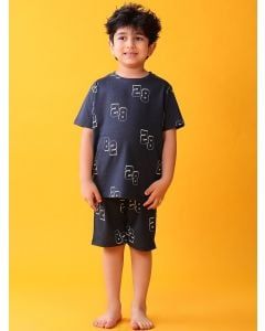 Navy Blue Printed Cotton Night Wear - Set of 2