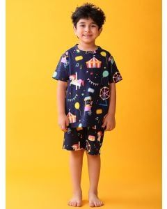 Navy Blue Printed Cotton Night Wear - Set of 2