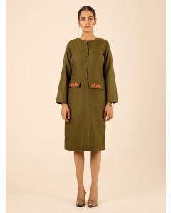 Olive Green Embroidered Linen Blend Dress