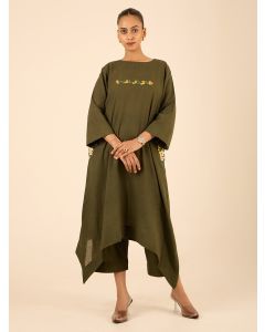 Olive Green Embroidered Linen Kurta with Palazzo - Set of 2