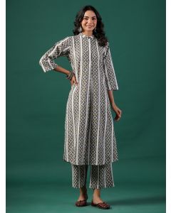 Grey Printed Cotton Kurta with Pants - Set of 2