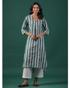 Blue White Hand Block Printed Cotton Kurta with Pants - Set of 2