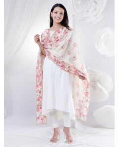 Off White Pink Printed Cotton High Low Kurta with Lycra Pants and Chanderi Dupatta- Set of 3