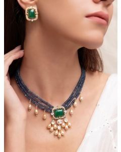 Blue Handcrafted Brass Necklace with Earrings- Set of 2
