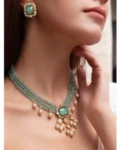 Green Handcrafted Brass Necklace with Earrings- Set of 2