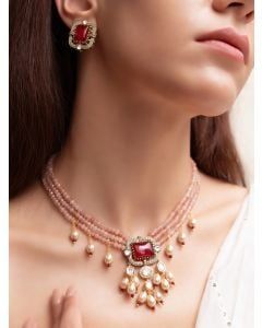 Peach Handcrafted Brass Necklace with Earrings- Set of 2
