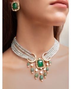 Green Handcrafted Brass Necklace with Earrings- Set of 2