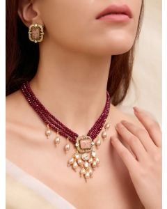 Maroon Handcrafted Brass Necklace with Earrings- Set of 2