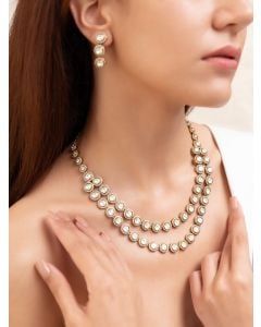 Golden Handcrafted Brass Layered Necklace with Earrings- Set of 2