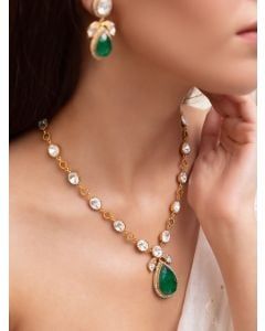 Gold Toned Handcrafted Necklace with Earrings- Set of 2