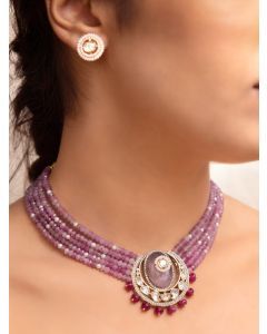 Pink Handcrafted Brass Necklace with Earrings- Set of 2