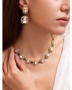 Gold Toned Handcrafted Necklace with Earrings- Set of 2